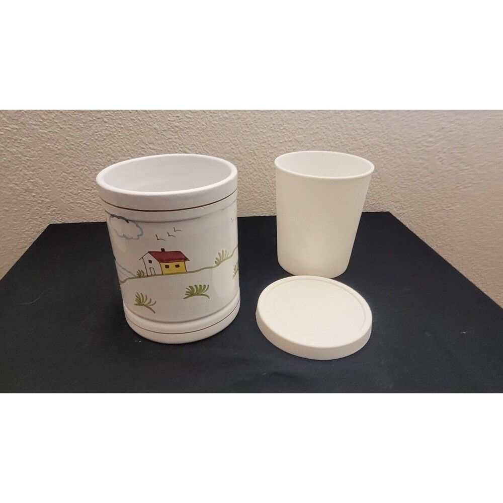 DERUTA White Naif Canister ITALY with Liner And Lid HANDPAINTED Coastal Boats